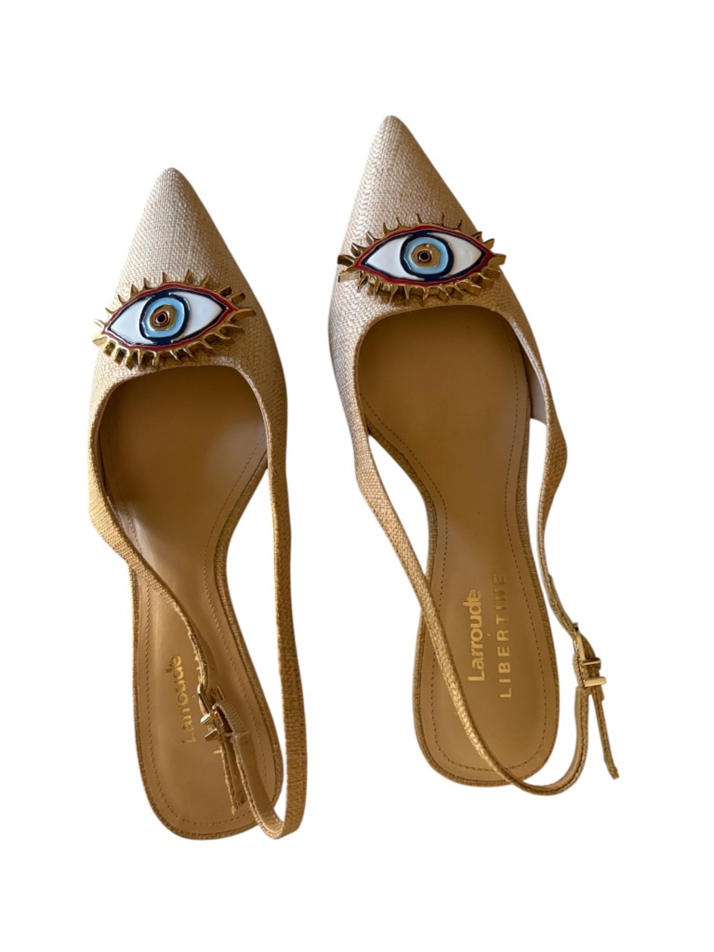 Larroude x Libertine Eye Pump Beige Rafia Kitten Heel Sandal - Picture 9 of 10